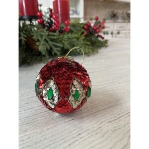 Vintage Sequin Encrusted  Christmas Ornament 3" Ball Green Diamond Beads